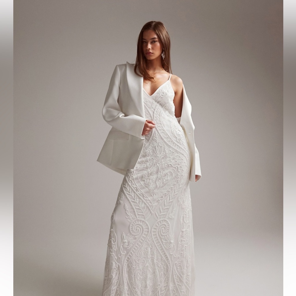 ASOS DESIGN Neve placement embroidered and beaded cami wedding dress in Ivory